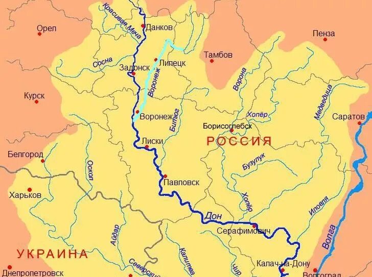 Исток реки Дон на карте России. Река Дон и ее притоки на карте России. Река Дон от истока до устья. Река Дон Исток и Устье на карте.