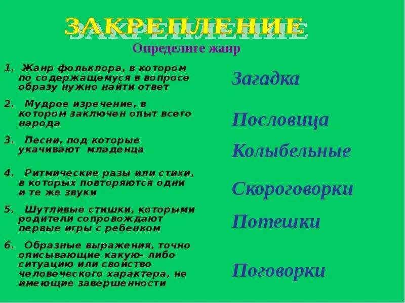 Как определить жанр книги. Определения жанров устного народного творчества. Устный фольклор примеры. Жанры фольклора с примерами. Определение жанров фольклора.