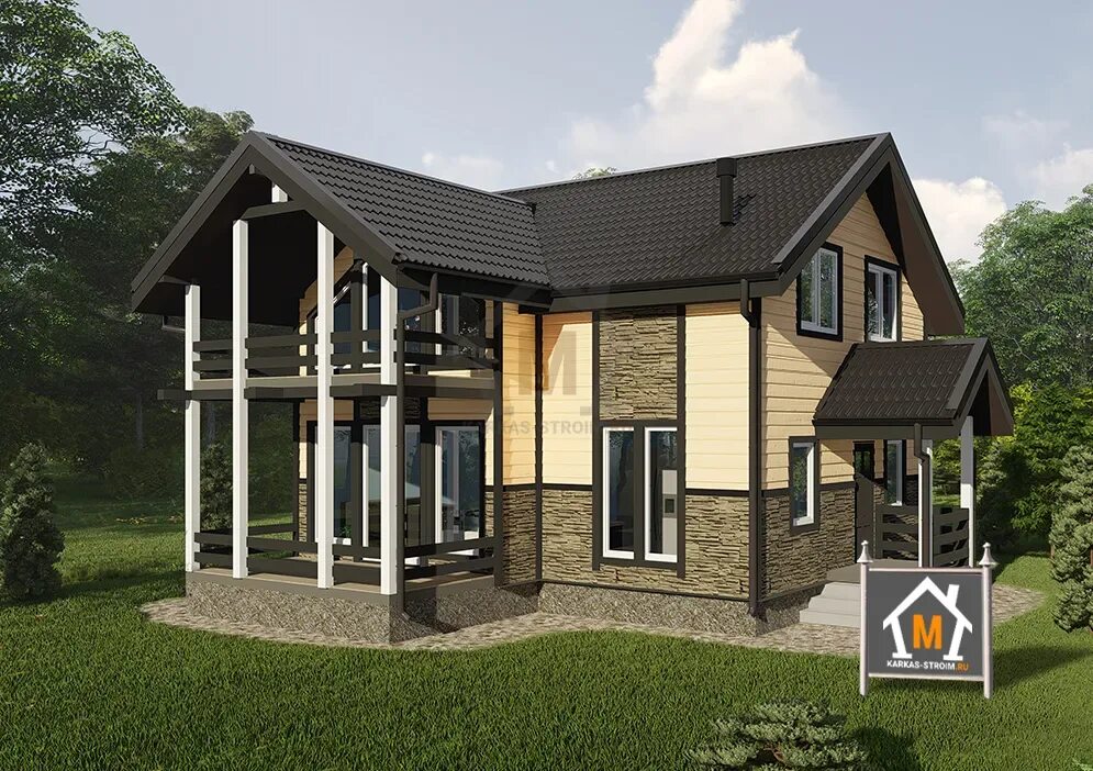 Каркасный коттедж для постоянного проживания. Каркасный коттедж. Стройка коттеджа. Каркасный дом с террасой. Проект дома.