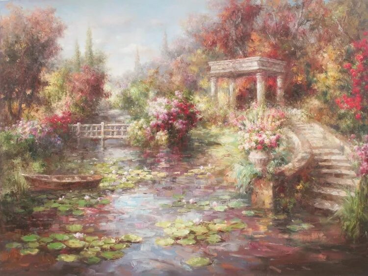 картины хайнца шольнхаммера. поле кувшинок. пруд с цветами. томас кинкейд. растения для пруда.