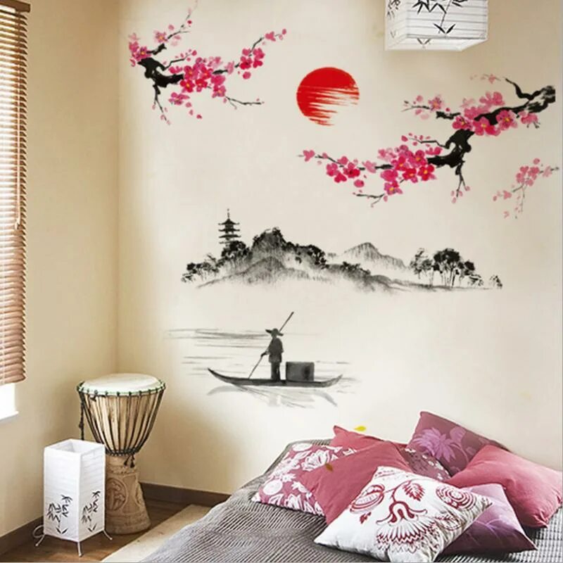 Сакура дизайн. Спальня в японском стиле. Стена в японском стиле. Фотообои в японском стиле для стен. Японская роспись стен.