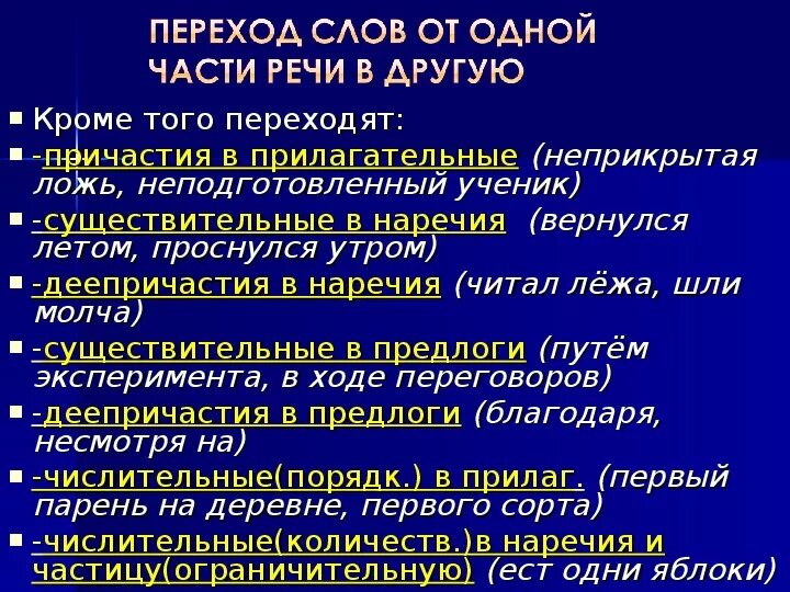 Словообразование переход из одной части речи в другую. Переход других частей речи в другую. Переход причастий в другие части речи. Переход слов одной части речи в другу. Словообразование. Переходы слова примеры