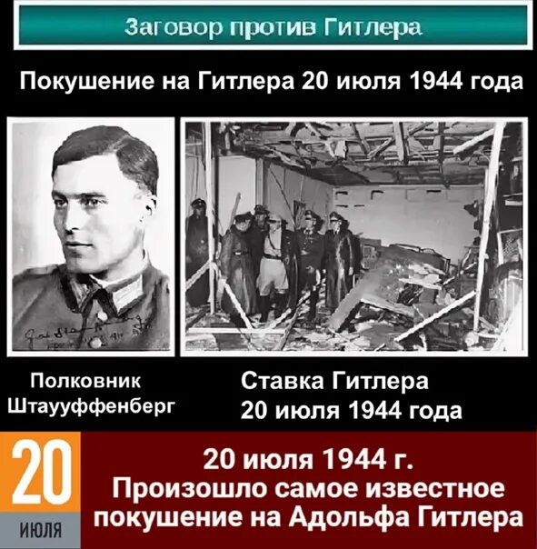 Участники покушения на Гитлера 20 июля 1944. Покушение на Гитлера Валькирия. Известные покушения