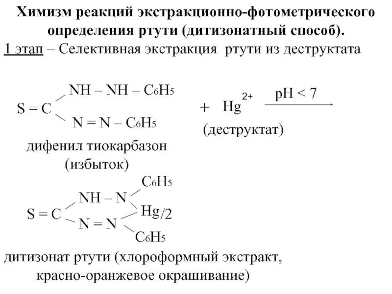 Химизм реакции. Экстракционно фотоколориметрический метод ртути. Химизм экстракции. Методы количественного определения «металлических ядов». Реакция со ртутью