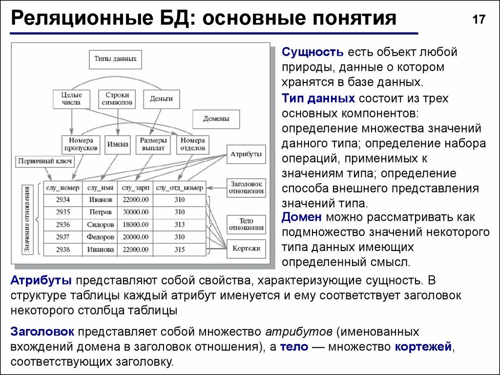 Модель домена. Основные понятия реляционных БД. Основная форма хранения данных в базе данных. База данных. Типы баз данных. Основные понятия и определения. Основные понятия баз данных (БД), модели данных..