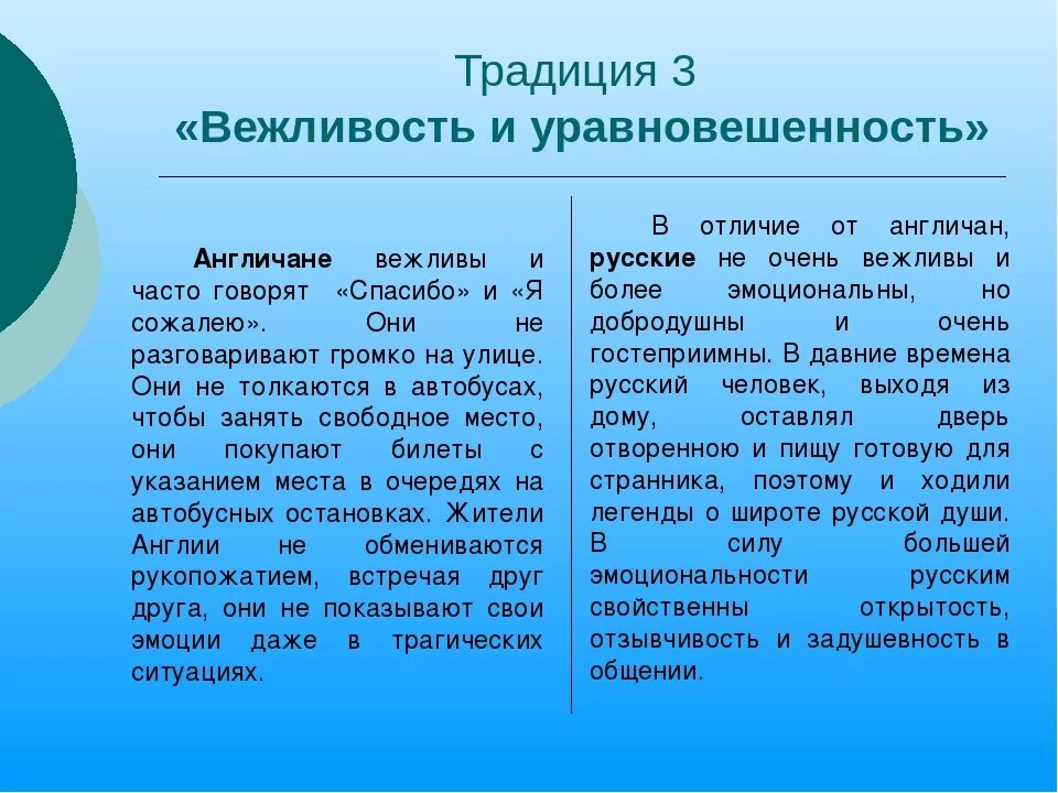 Различия англии и россии. Формы выражения вежливости. Сравнение русского и английского этикета. Традиции русских и англичан. Различия этикета в России и Англии.