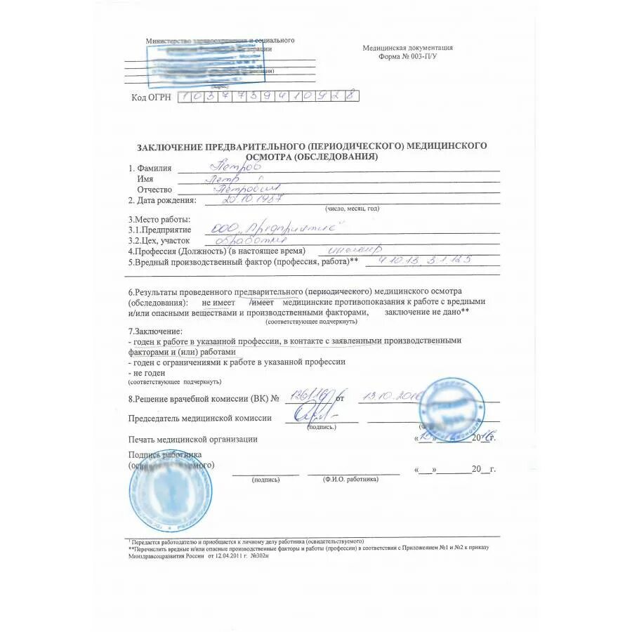 Результаты медицинского обследования