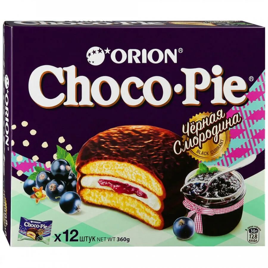 Чоко пай 12 штук. Печенье Орион Чоко Пай. Орион чокопай черная смородина. Пирожное Choco-pie Orion черная смородина 360гр. Печенье Orion Choco pie 12шт 360г.