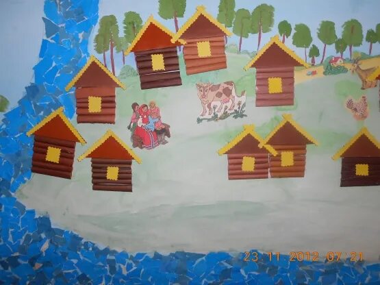 Коллективное панно. Аппликация домик в деревне. Аппликация деревенский домик. Рисование в старшей группе.