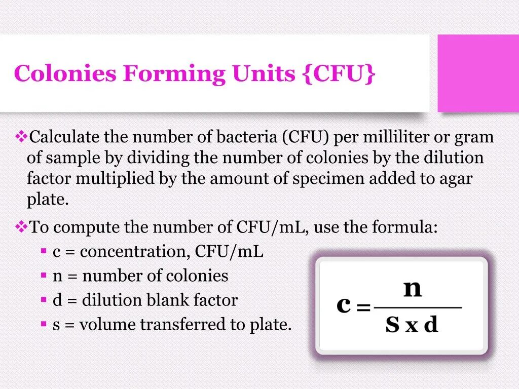 CFU. Colony-forming Unit -CFU. Concentration Formula. Colony forming Unit of Microbes calculation. Word forming units