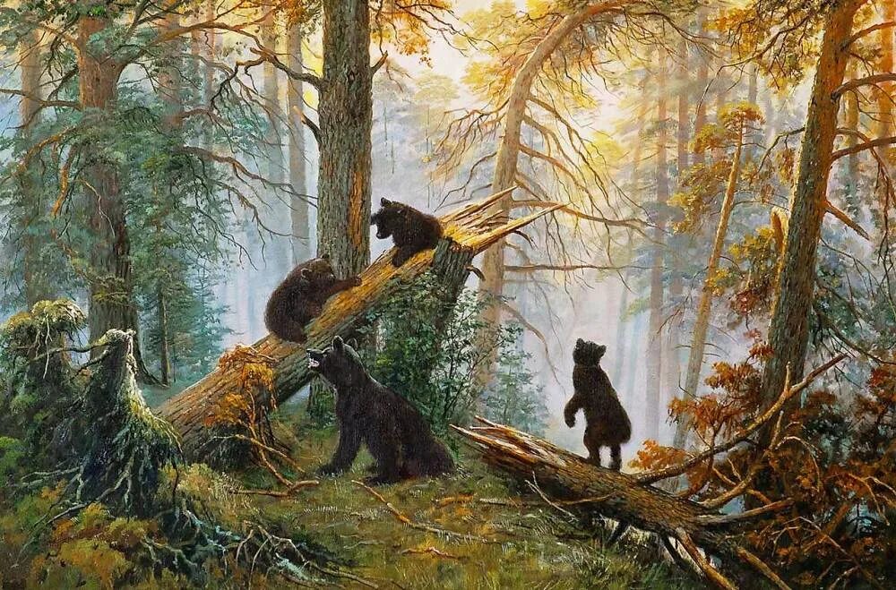 Картина Ивана Шишкина утро в Сосновом Бору. В лесах наибольшей выразительностью предстают перед нами