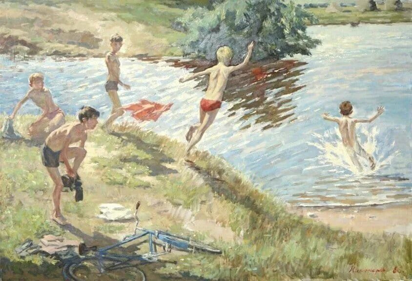 С ильмень озера ребятня. Мальчики купаются в реке. Купающиеся дети в живописи. Лето купание. Река для детей.