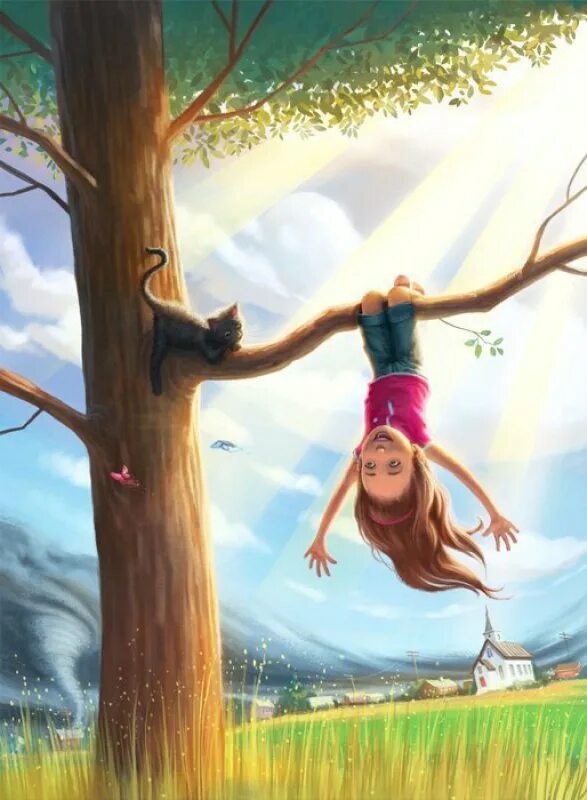 Где твоя радость. Девочка на дереве. Иллюстрации счастье. Позитивные иллюстрации. Девушка висит на дереве.
