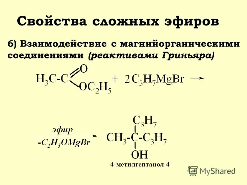 Взаимодействие эфиров с водой. Сложные эфиры с реактивом Гриньяра. Реактив Гриньяра с карбоновыми кислотами. Реагент Гриньяра.