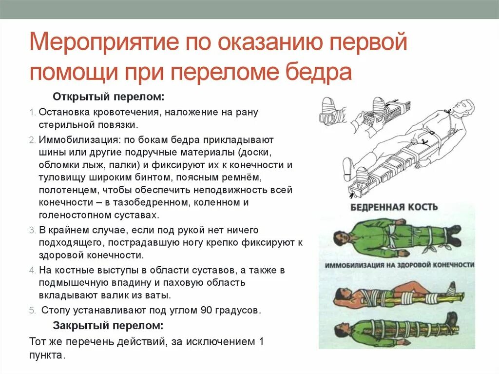 При открытом переломе ответ на тест. Оказание первой помощи при переломе шейки бедра алгоритм. Алгоритм оказания первой помощи при переломе бедренной кости. Алгоритм первой медицинской помощи при переломе бедренной кости. Открытый перелом бедренной кости ПМП.