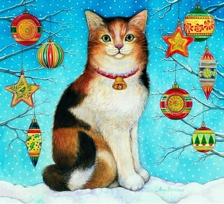 Рисунок на новый год кошка. Amy rosenberg художник. новогодний кот. кошка иллюстрация. новогодние картины с котами.