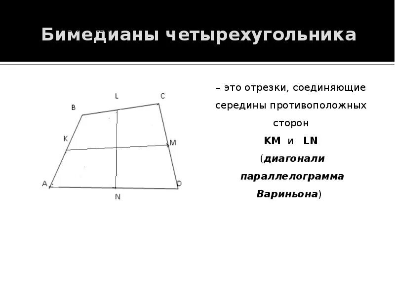 Прямая проходящая через середины противоположных сторон. Бимедианы четырехугольника. Бимедиана четырёхугольника это. Теорема Вариньона четырехугольник. Бимедиана параллелограмма.