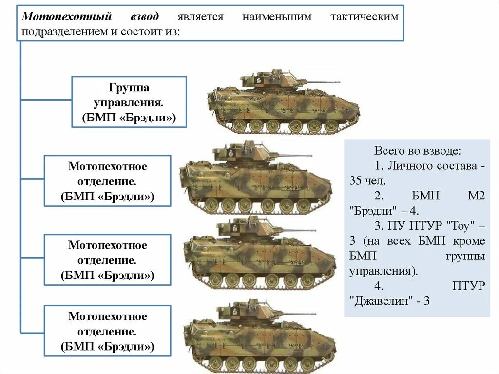 Мотопехотный взвод США структура. Вооружение мотопехотного взвода США. Отделение на БМП Брэдли. Мотопехотное отделение.