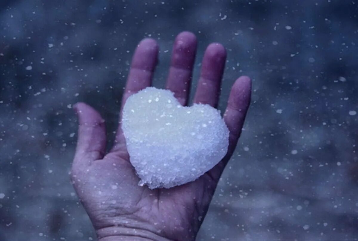 В тепле сердце в льдах. Замерзшее сердце. Снежинка на ладони. Ледяная ладонь. Сердце из снега в ладошках.