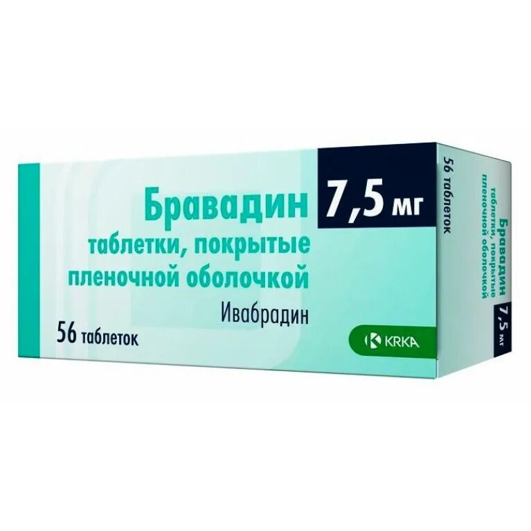 Ивабрадин аналоги. Бравадин таб ППО 5мг №28. Бравадин таблетки п/п/о 5мг №56(КРКА-рус). Бравадин таб 7,5мг №56 (ивабрадин). Ивабрадин 7,5мг таблетки.
