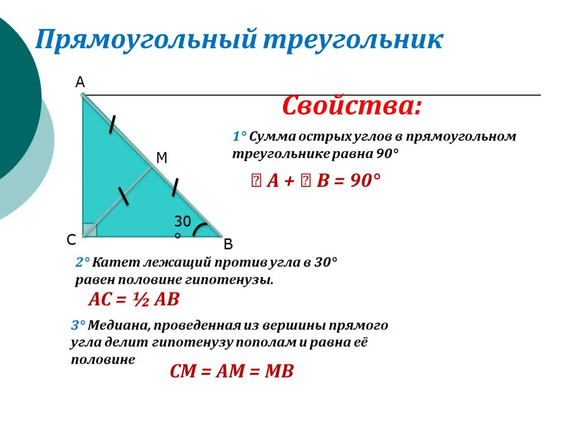 Прямоугольный треугольник свойство сторон и углов. Прямоугольный треугольник 90 градусов теорема. 1 Свойство прямоугольного треугольника. Свойства прямоугольного треугольника с углом 30 градусов и медианой. Треугольник с гипотенузой и углом 90.