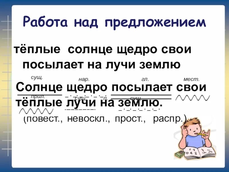 Лучом разбор. Разобрать предложение по частям речи. Солнечно часть речи. Солнце щедро посылает свои теплые лучи на землю разбор предложения. Разбери солнце по частям речи.