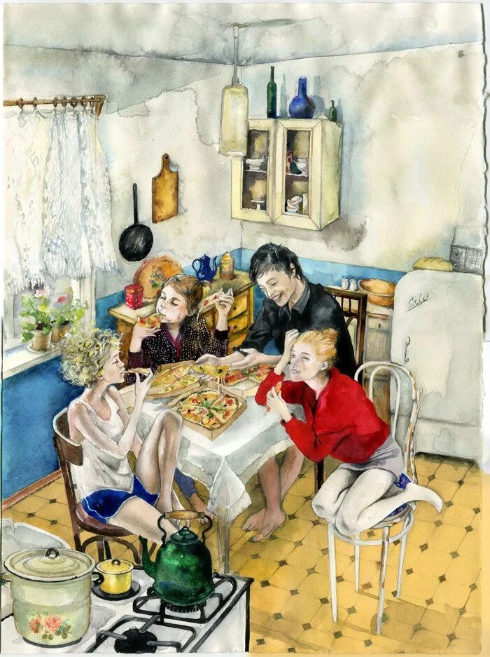 Кухонные посиделки. Посиделки на кухне. день посиделок на кухне. живопись гость. картина гости.