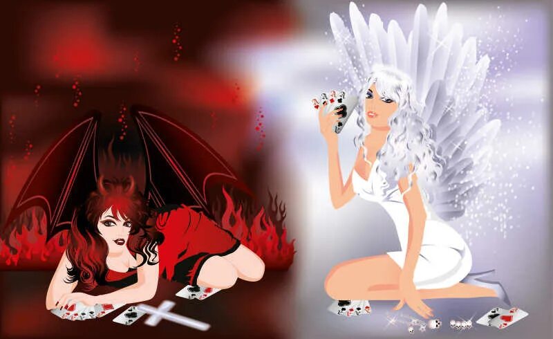 Девушка черт и ангел. Брюнетка черти и ангел. Рисунок девушка ангел и черт. Ангел и демон играющие в карты.