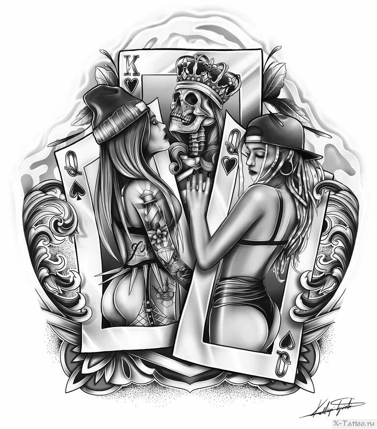 Тату король чикано. Карты рисовать игральные. Король и дама чикано. Тату в стиле бардак. Скелет король и две дамы.