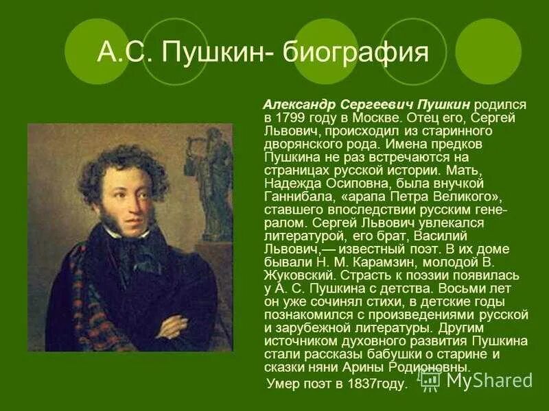 Краткий рассказ о пушкине