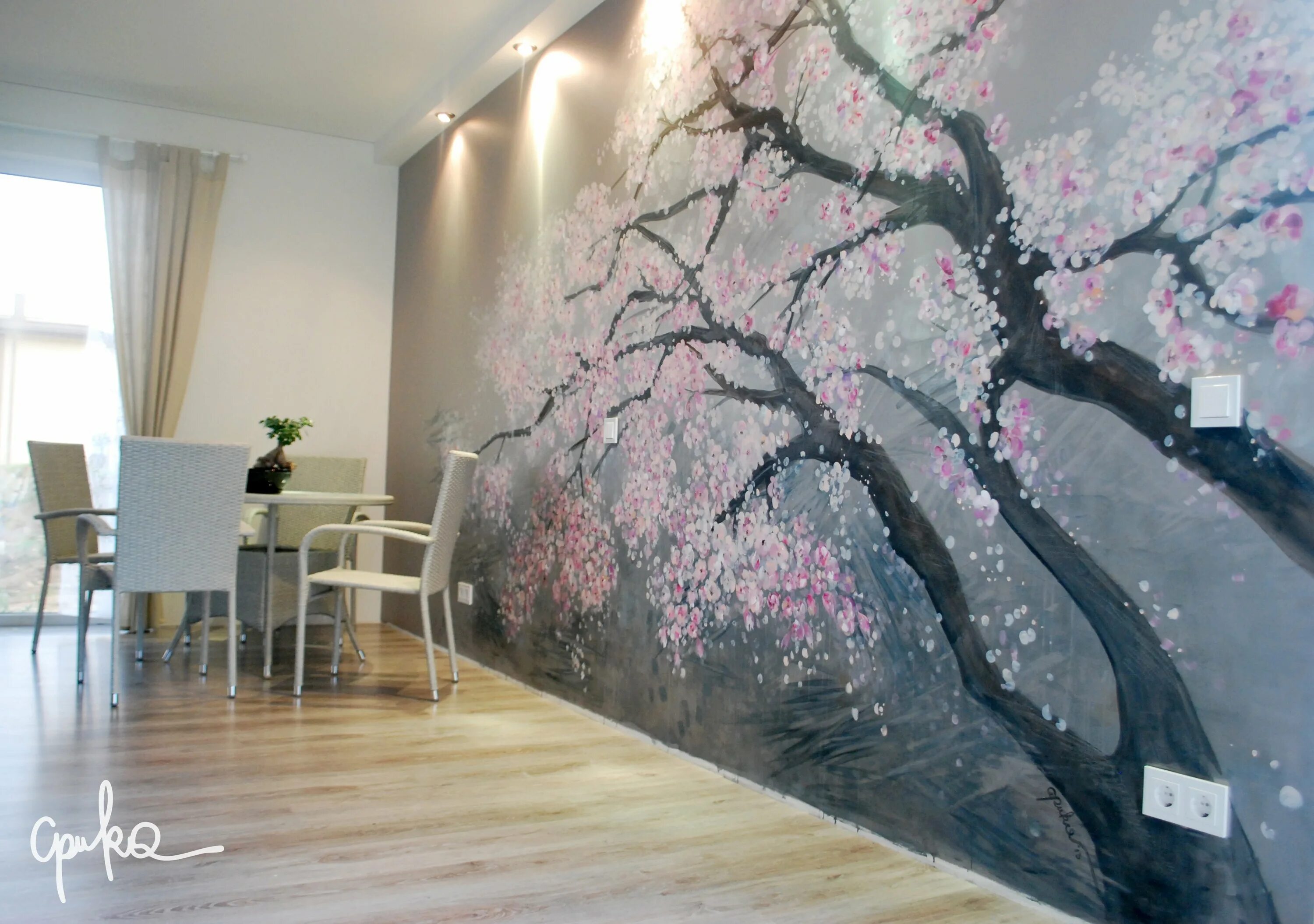 Стиль сакура. Сакура Ортограф. Дерево Сакуры на стене. Роспись стен Сакура. Фреска дерево на стену.
