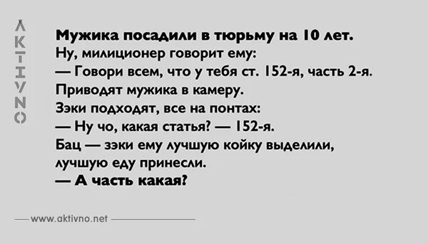 анекдоты про зеков и тюрьму. мужика посадили в тюрьму на 10. статья 152 часть 2 анекдот. мужика посадили в тюрьму на 10. анекдоты про зону.