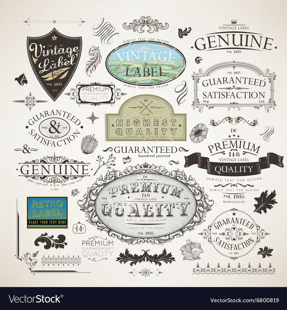 Vintage Label. Винтажные лейблы вектор чб. Retro Craft Labels Set vector.