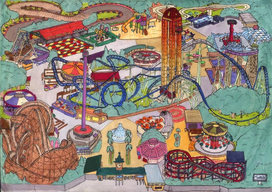 Кварталы развлечений. Theme Park рисунок. Нарисовать развлечения. Будущие рисунки для развлечения.. Amusement Park Design.