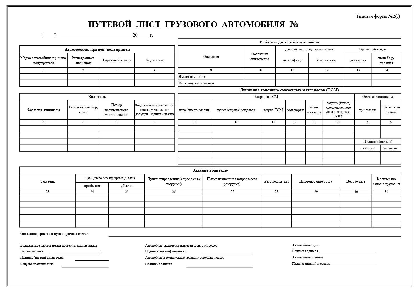 Таблица путевых листов