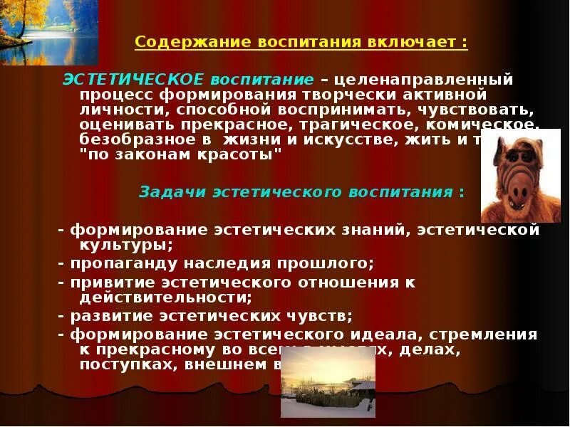 Содержание воспитания. Содержание воспитания включает:. Содержание эстетического воспитания. Триединство умственного, физического и эстетического воспитания.