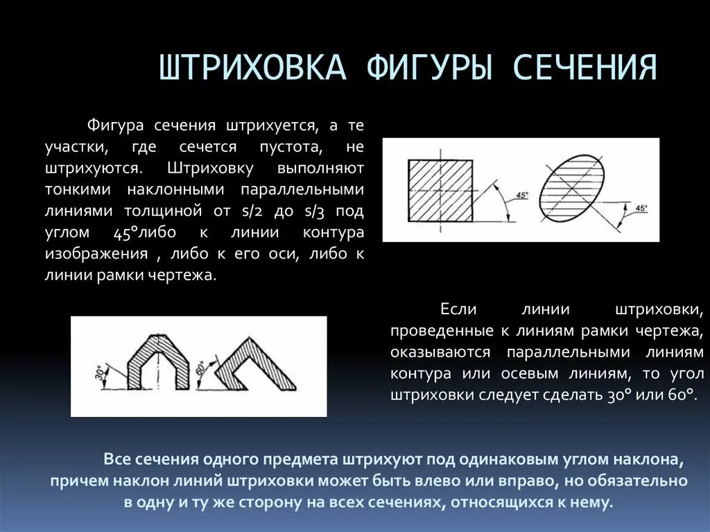 Под каким углом входить в. Штриховка сечений металлических деталей. Штриховка сечения на чертеже. Штриховка разреза на чертеже. Линии сечений и штриховки на чертеже.