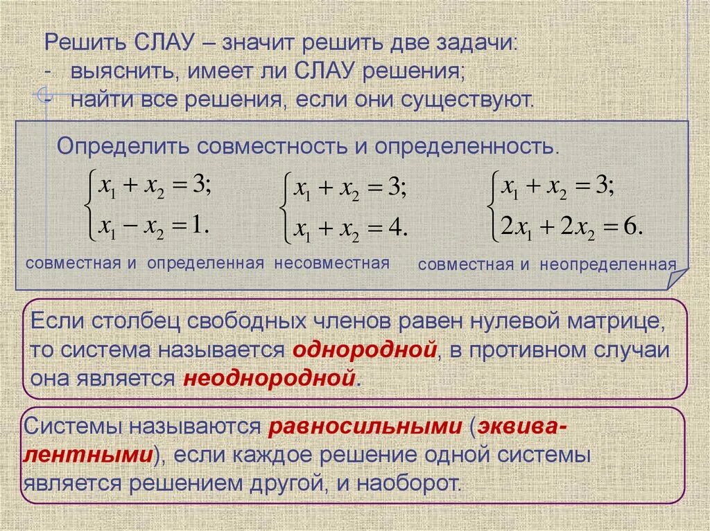 Совместность и определенность системы линейных уравнений. Совместность и определенность системы линейных уравнений
