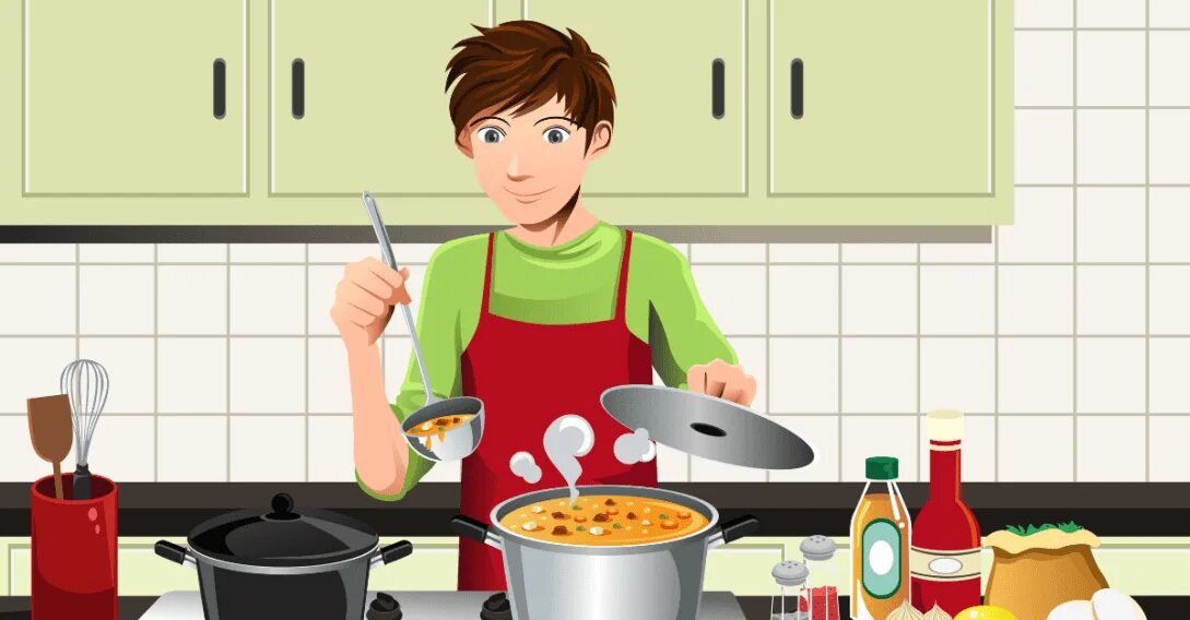 Кухня иллюстрация. Мужчина на кухне. Кухня готовка у плиты для детей. Мультяшная кухня.