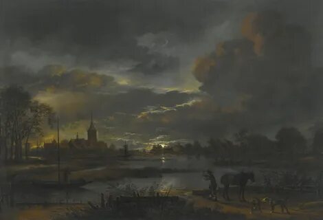 Aert Neer A WIDE MOONLIT RIVER LANDSCAPE WITH FIGURES FISHING, A VILLAGE BEYOND 