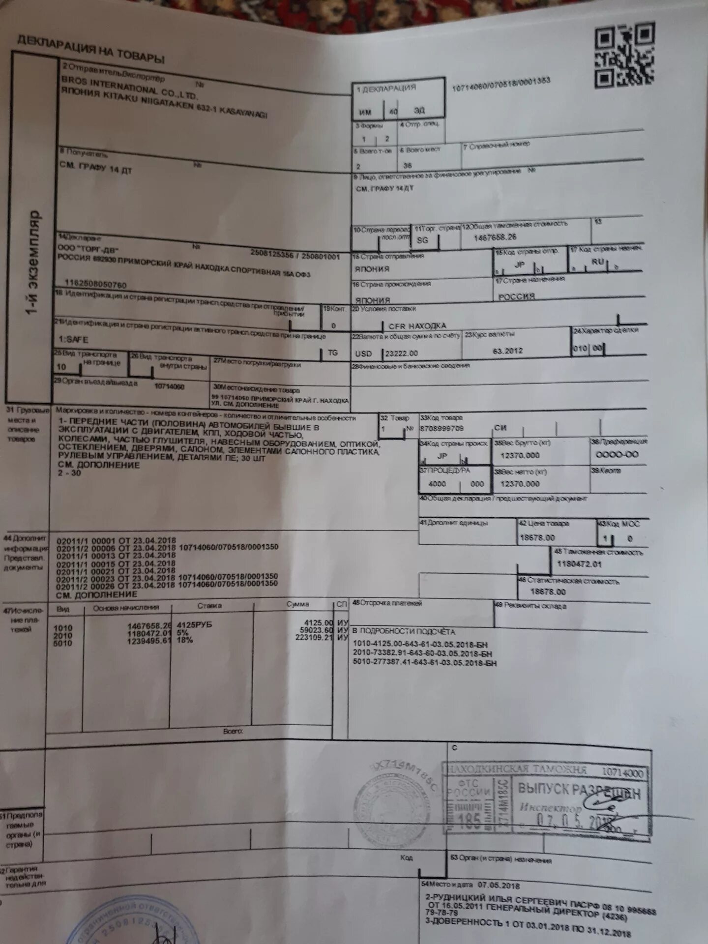 Таможенная декларация на товары графы