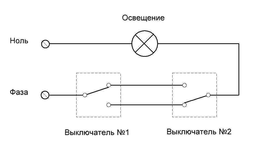 Как подключить выключатель 220. Схема подключения переключателей освещения с 2 мест. Схема включения освещения с проходными выключателями. Схема подключение проходных выключателей с двух мест. Электрическая схема подключения проходящего выключателя.