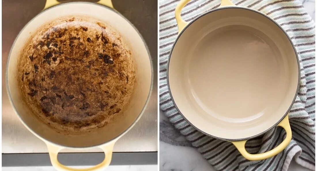 Как отмыть пригоревшую эмалированную. Подгоревшая эмалированная кастрюля. Пригоревшая посуда до и после. Отмыть эмалированную кастрюлю. Кастрюля до и после чистки.