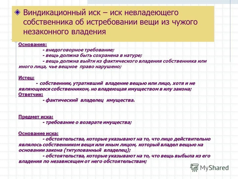 Истребование имущества гк. Что является предметом виндикационного иска. Понятие и условия негаторного иска. Понятие и условия виндикационного иска.. Предмет требования негаторного иска.