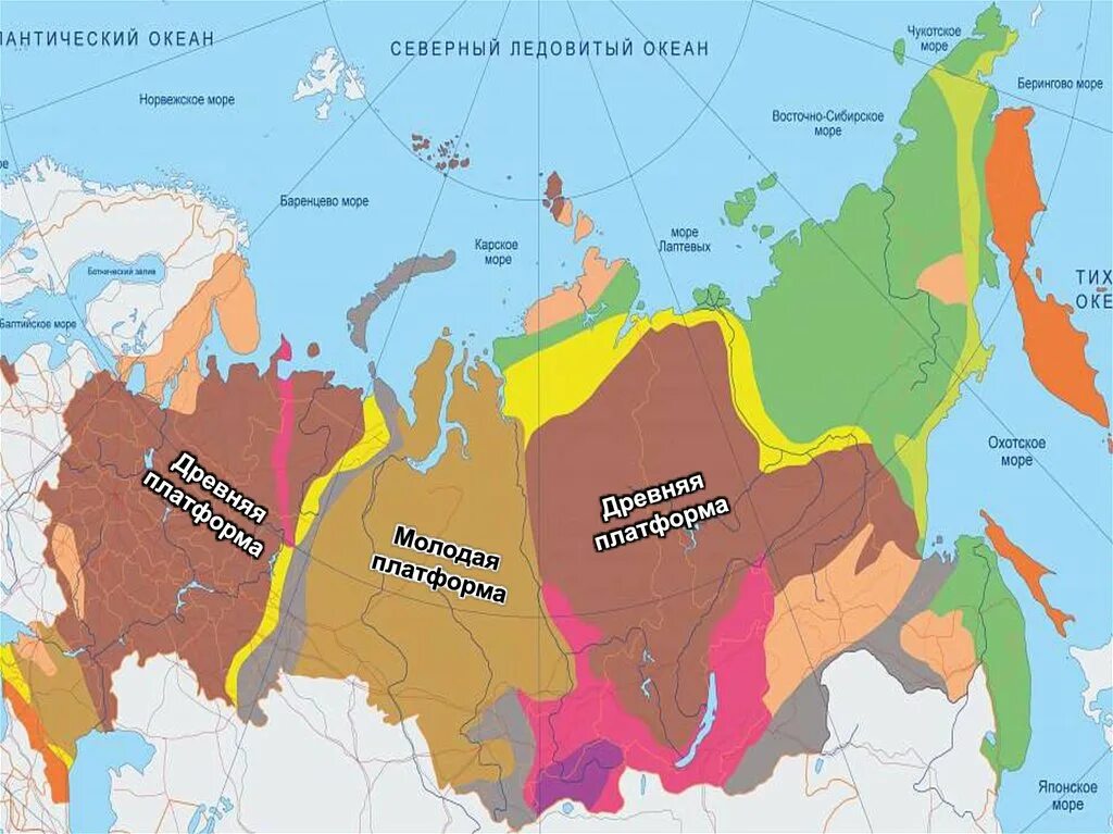 Тектоническая карта России древние платформы. Складчатые области России. Древние платформы. Названия платформ. Фундамент древних платформ имеет