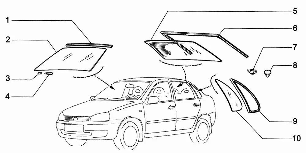 Уплотнитель стекла ветрового окна ВАЗ 1118 Калина. Заглушка уплотнителя стекла 1118 Калина.