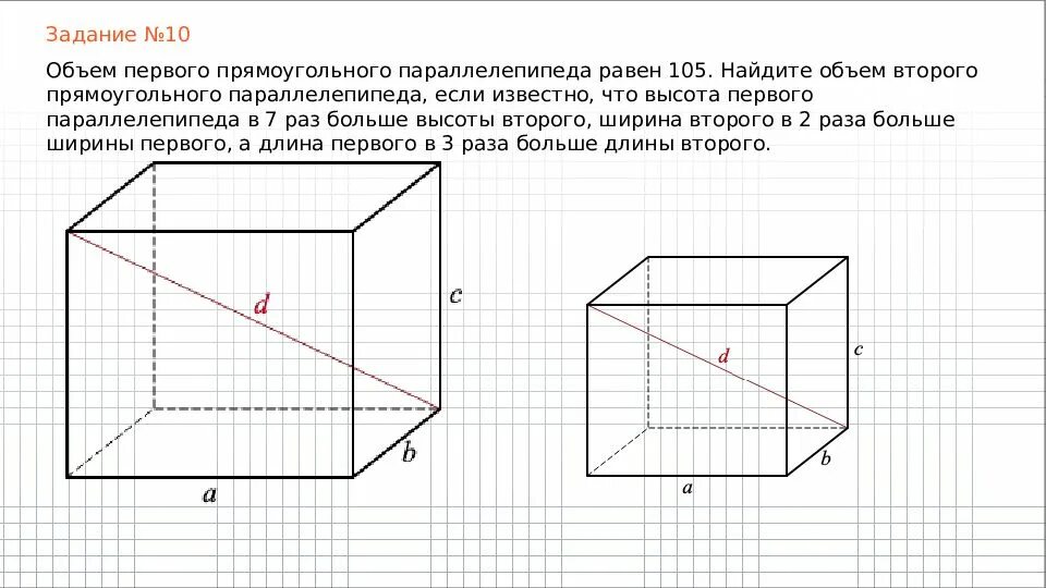 Объем первого прямоугольного параллелепипеда равен 105. Задачи на прямоугольный параллелепипед 10 класс. Невидимые грани прямоугольного. Прямоугольный параллелепипед чертеж с размерами. Найдите высоту прямоугольного параллелепипеда если