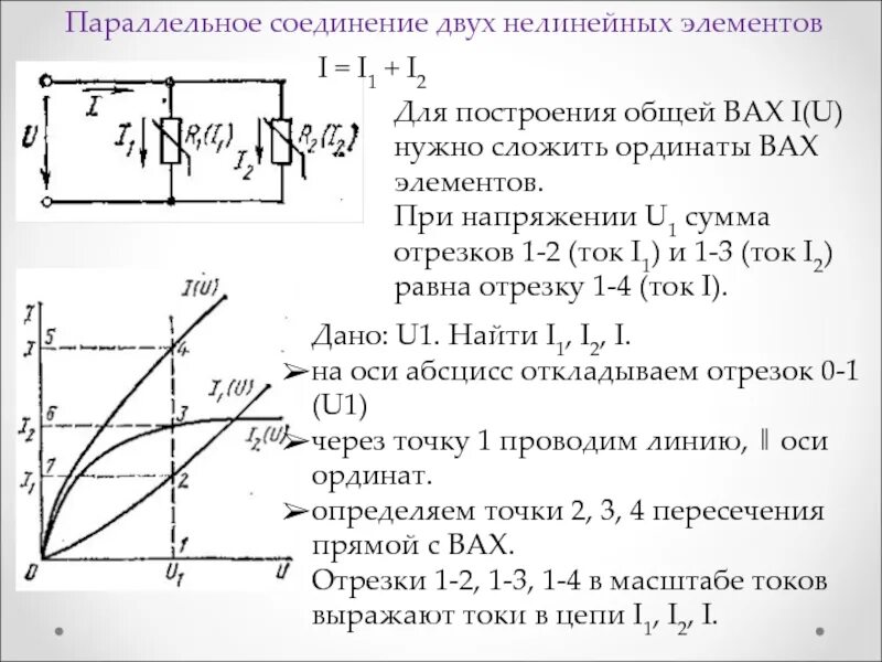 Вольтамперные характеристики нелинейных элементов. Нелинейные цепи постоянного тока решение задач. параллельное соединение двух нелинейных элементов. расчет нелинейной цепи с параллельным соединением элементов. построение вольтамперных характеристик нелинейных элементов.