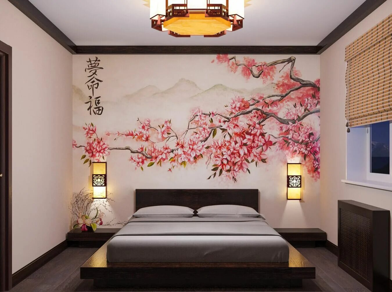 Сакура на стене. Спальня в японском стиле. Японский стиль в интерьере. Спальня в азиатском стиле. Японские мотивы в интерьере.