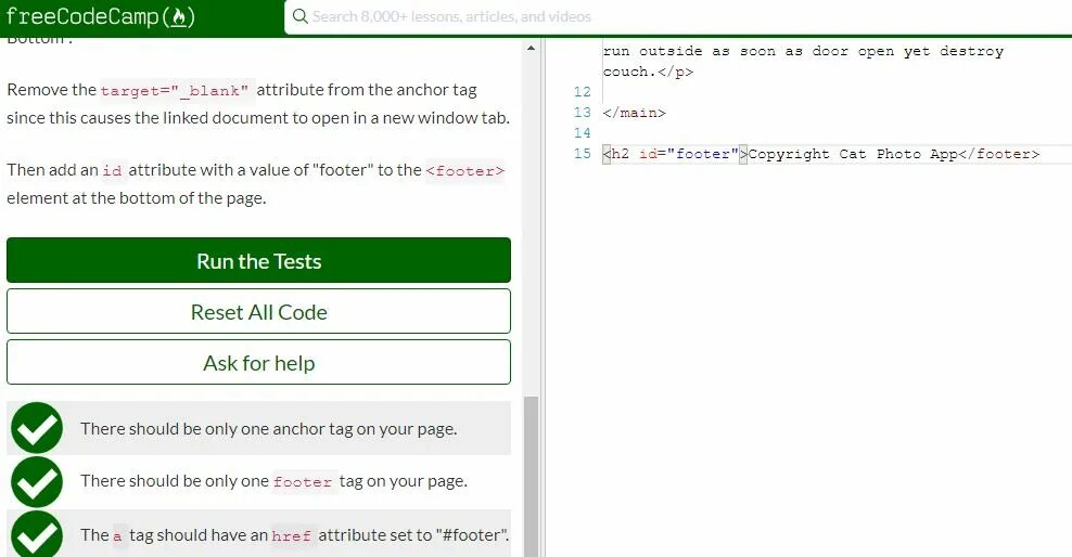 Page html id. There should be. Surveymonkey-Assets.s3.amazonaws.. The footer tag should have an ID attribute Set to "footer".. Html/CSS Quiz FREECODECAMP.